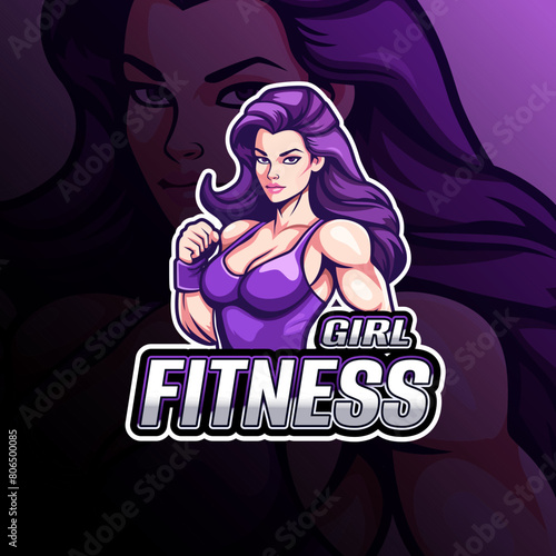 Fitness girl mascot logo design vector for badge, emblem, esport and t-shirt printing. Editable text
