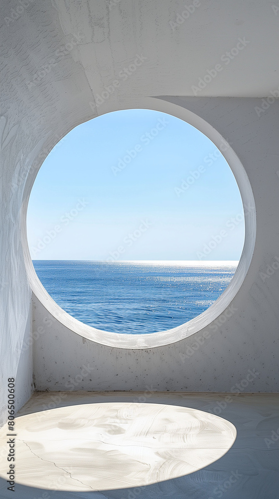 This minimalist photograph features a pristine white wall adorned with a round window, offering a picturesque view of the tranquil sea and the light blue summer sky. The serene atmosphere and refresh
