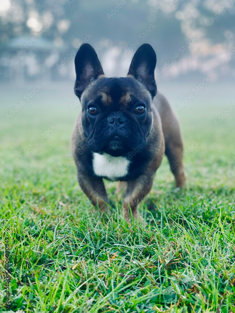 french bulldog puppy, black face with white chest, outside, frenchie