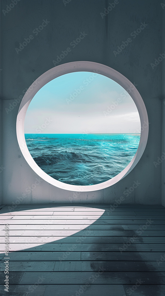 Fototapeta premium This minimalist photograph features a pristine white wall adorned with a round window, offering a picturesque view of the tranquil sea and the light blue summer sky. The serene atmosphere and refresh