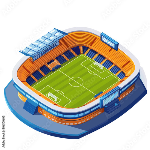 close-up view of a soccer stadium model in isometric design, with a green field, seating areas, and a running track