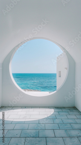 This minimalist photograph features a pristine white wall adorned with a round window  offering a picturesque view of the tranquil sea and the light blue summer sky. The serene atmosphere and refresh