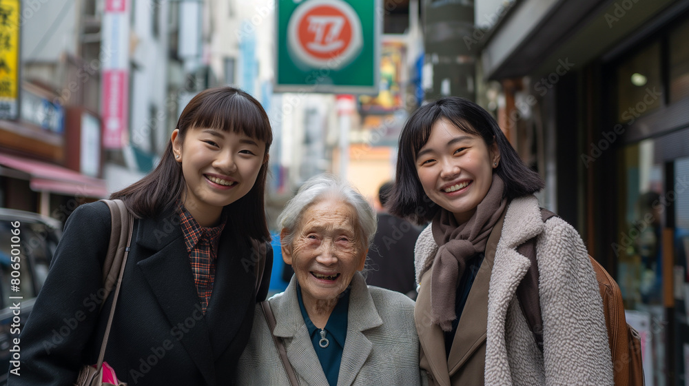 Group of Asian women of various ages smiling happily in the city Group of Asian women of various ages smiling happily in the city