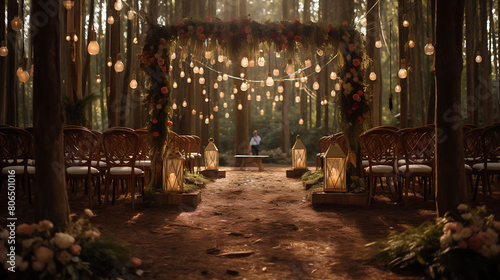 Boho-chic wedding venue set in a forest clearing  with macrame decorations and fairy lights 