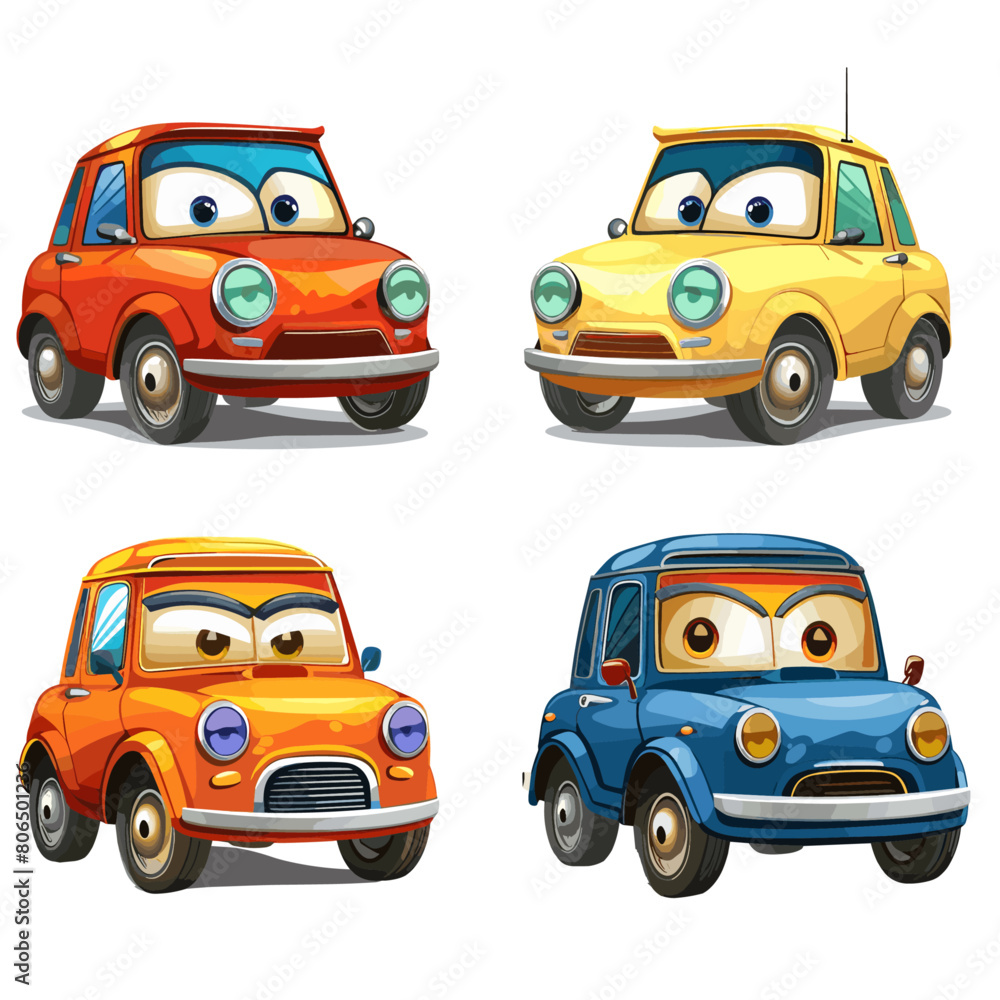 set of four cartoon cars different colors and shapes set of four cartoon cars different colors and shapes