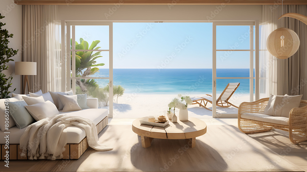 Bright and airy beachfront living room with sliding glass doors, sheer curtains, and a sandy color scheme,