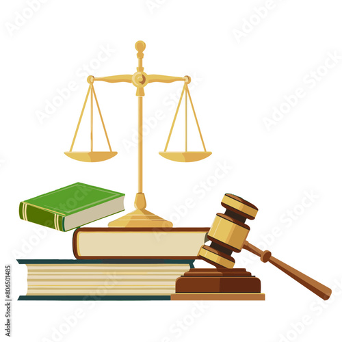 A classic depiction of the legal system, with a gavel, scales, and legal references