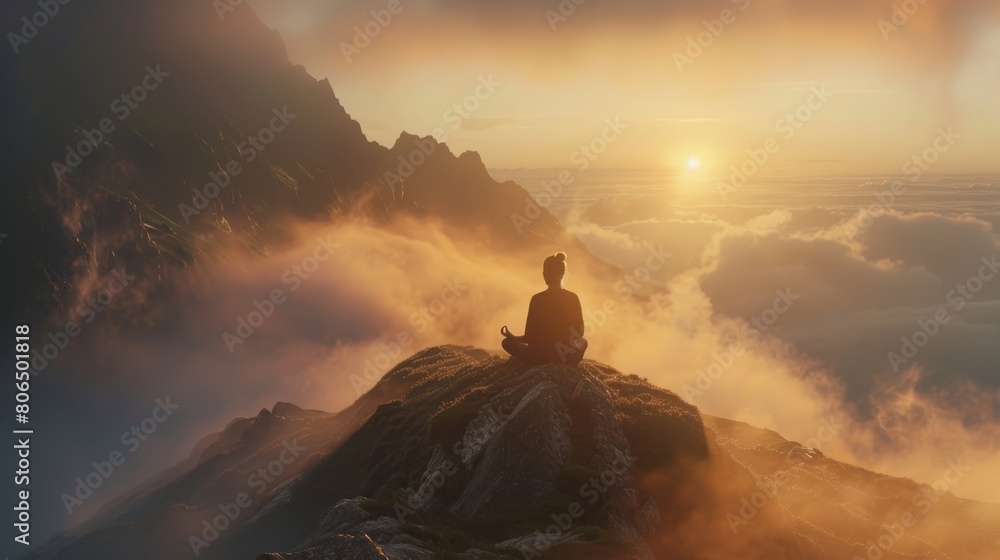 A serene yoga practitioner meditating on a mountaintop at sunrise, surrounded by misty clouds, peaceful and introspective. Mindfulness wellness concept