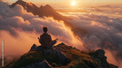 A serene yoga practitioner meditating on a mountaintop at sunrise, surrounded by misty clouds, peaceful and introspective. Mindfulness wellness concept
