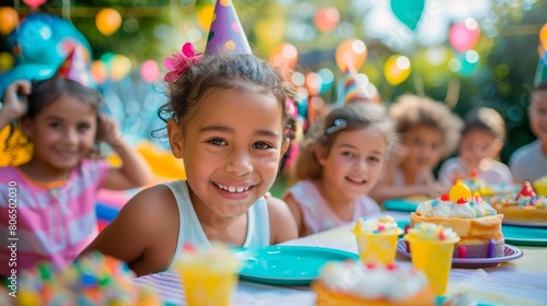 Children celebrating birthday party. AI generated 