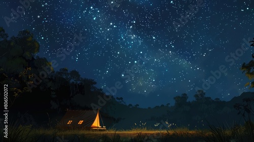 Nestled beneath a dark starry sky a single tent exudes a sense of calm and seclusion inviting guests to disconnect and immerse themselves in the peacefulness of the 2d flat cartoon