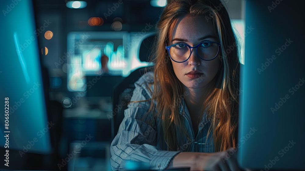 businesswoman working late in office with laptop computer, seated on blue and black chair, wearing blue shirt and black and blue glasses, with long hair flowing, and a white hand visible businesswoman working late in office with laptop computer, seated on blue and black chair, wearing blue shirt and black and blue glasses, with long hair flowing, and a white hand visible