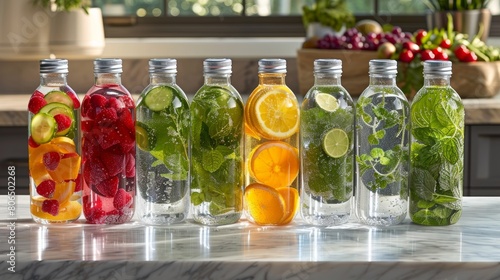 Glass bottles filled with colorfully infused waters, combinations like lemon with mint, strawberry with basil, and cucumber with lime, on a stone or marble surface