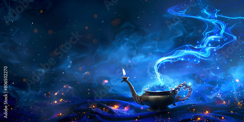 Blue genie in magic lamp symbolizes wishes luck and magic in background Aladdin's mysterious lamp with glowing smoke, at the time of the appearance of the genie Dark background with smoky genie lamp © Muhammad