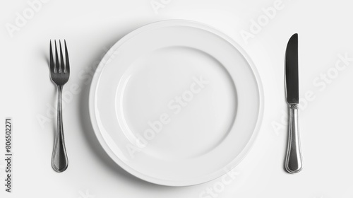 White plate with a fork and knife on each side, set against a pure white background