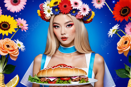 A beautiful girl and burger  colorful food theme. Artificial intelligence generated images.