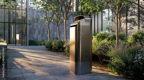 Modern weatherresistant public trash can with a builtin compactor for more capacity photo