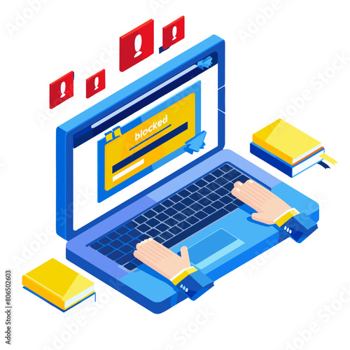 isometric illustration of a blue laptop computer on a desk