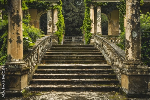 Imagine a grand staircase flanked by towering columns adorned with creeping vines  their lush green leaves creating a striking contrast  Generative AI