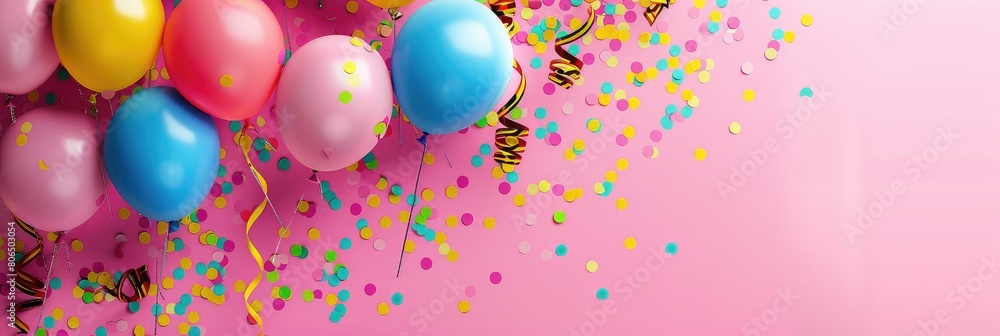 colorful balloons and streamers, on a pink background colorful balloons and streamers, on a pink background