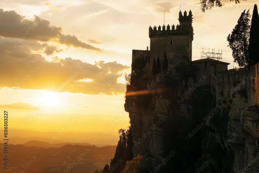 Picture a majestic castle perched atop a rocky cliff, with ivy-covered ramparts and towering turrets creating a striking silhouette, Generative AI
