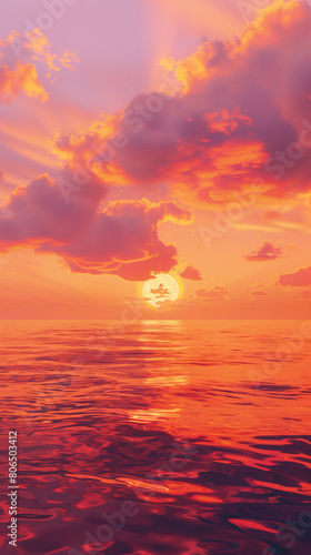 This breathtaking scene captures the tranquil beauty of a sunset over the ocean, as the sky blazes with vibrant shades of orange and red. Swirling clouds dance gracefully across the horizon