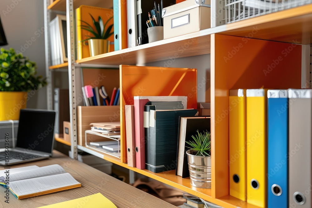 custom made wallpaper toronto digitalclose up minimalistic Clean and tidy workspace with soft background with organized desk and shelves