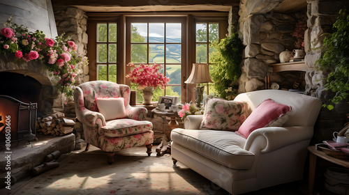 Charming English cottage living room with a stone fireplace  floral fabrics  and a cozy armchair 