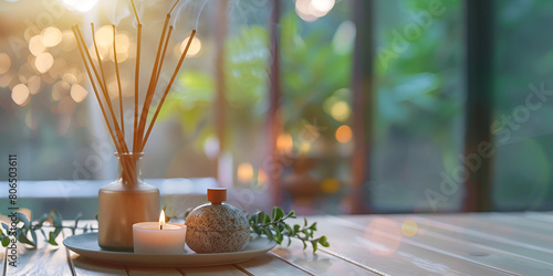 Candle and massage oil on white table Aromatherapy Concept Aromatic White Candles and Essential Oil Reed Diffusers Incense stick with smoke on stone with white candles and essential oils photo