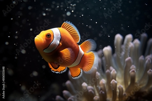 A vibrant clownFish swims gracefully through a colorful coral reef in a saltwater aquarium