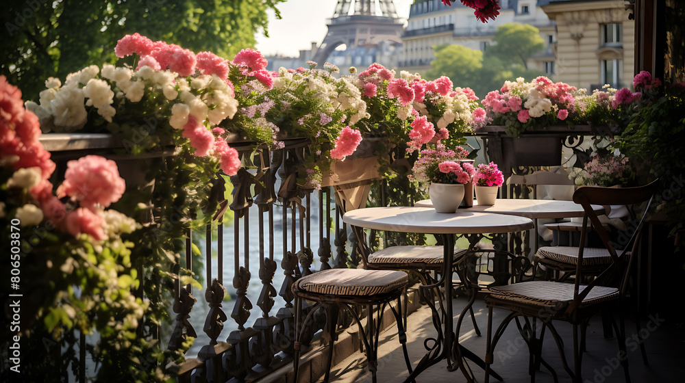 Chic Parisian balcony with wrought iron railings, a small caf?(C) table, and overflowing flower boxes,