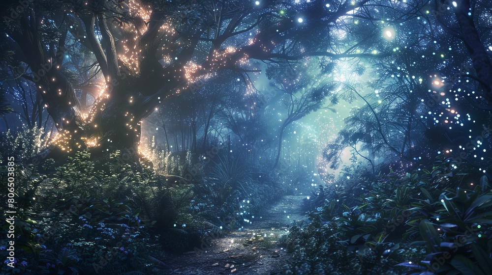 Enchanted forest panorama where electrical energy dances around organic plants, creating a mystical and lush environment