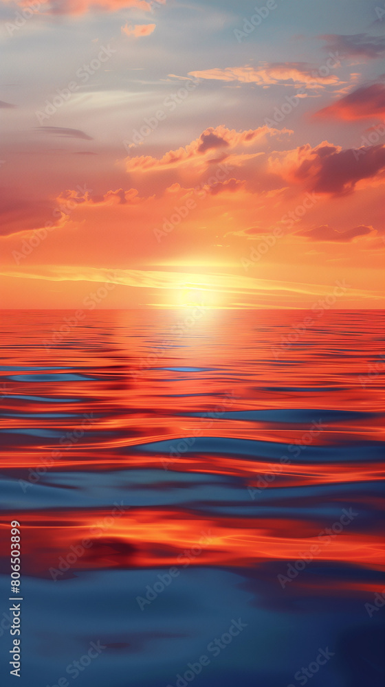This serene image captures the breathtaking beauty of a tranquil ocean horizon at sunset. The sky is painted in a stunning palette of vibrant orange and red hues, creating a mesmerizing display This serene image captures the breathtaking beauty of a tranquil ocean horizon at sunset. The sky is painted in a stunning palette of vibrant orange and red hues, creating a mesmerizing display