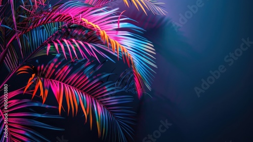 Palm tree branch on black background in neon color ,spring concept