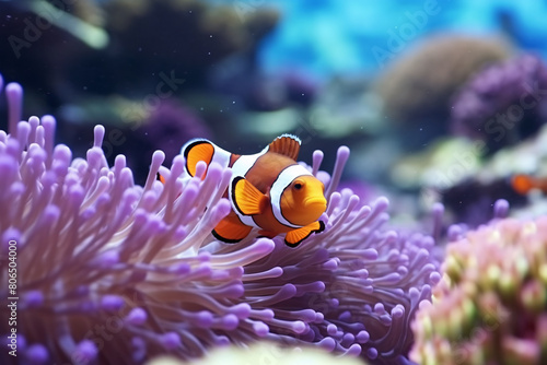 Tropical fish swim in colorful underwater world with coral reef and anemone