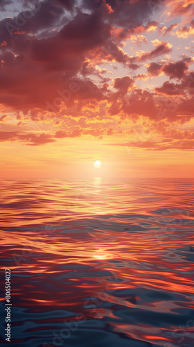 This serene image captures the breathtaking beauty of a tranquil ocean horizon at sunset. The sky is painted in a stunning palette of vibrant orange and red hues, creating a mesmerizing display  © Aleksandra