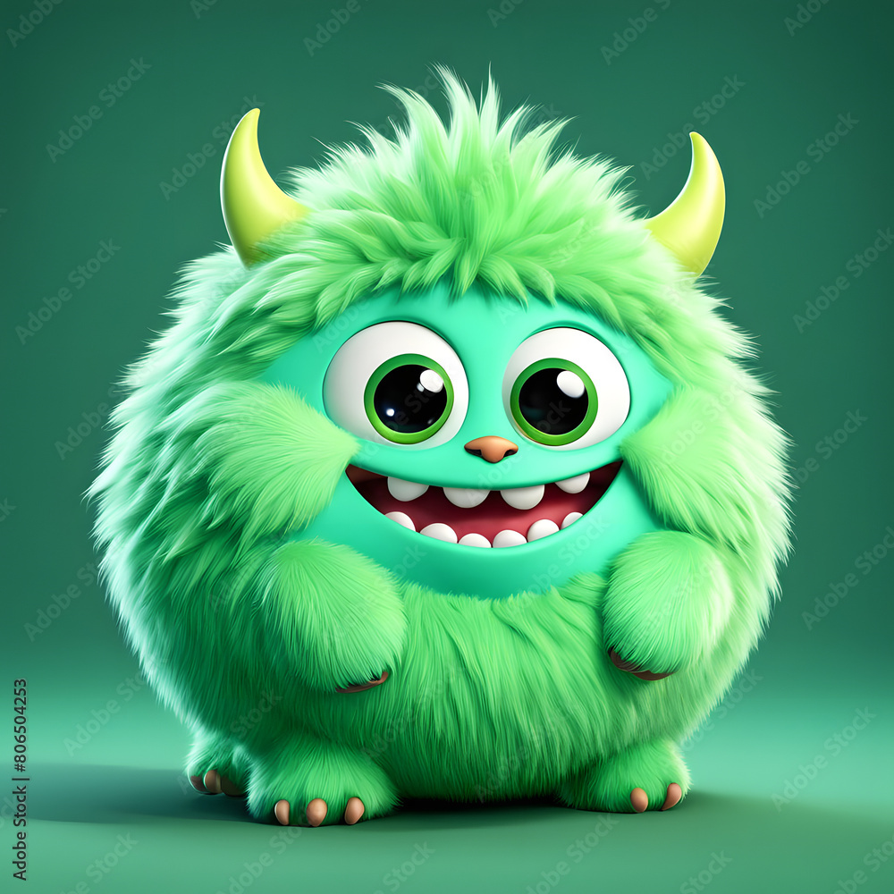 Cute chubby fluffy little monster, green color, 3D cartoon character Cute chubby fluffy little monster, green color, 3D cartoon character