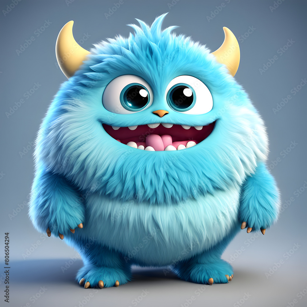 Cute chubby fluffy little monster, blue color, 3D cartoon character