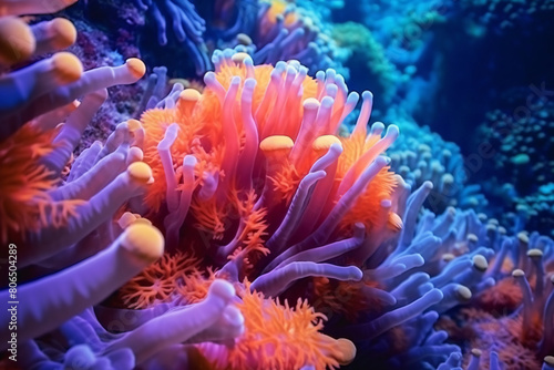 Vibrant underwater garden with pink protea and sea anemone amidst coral reef © masud