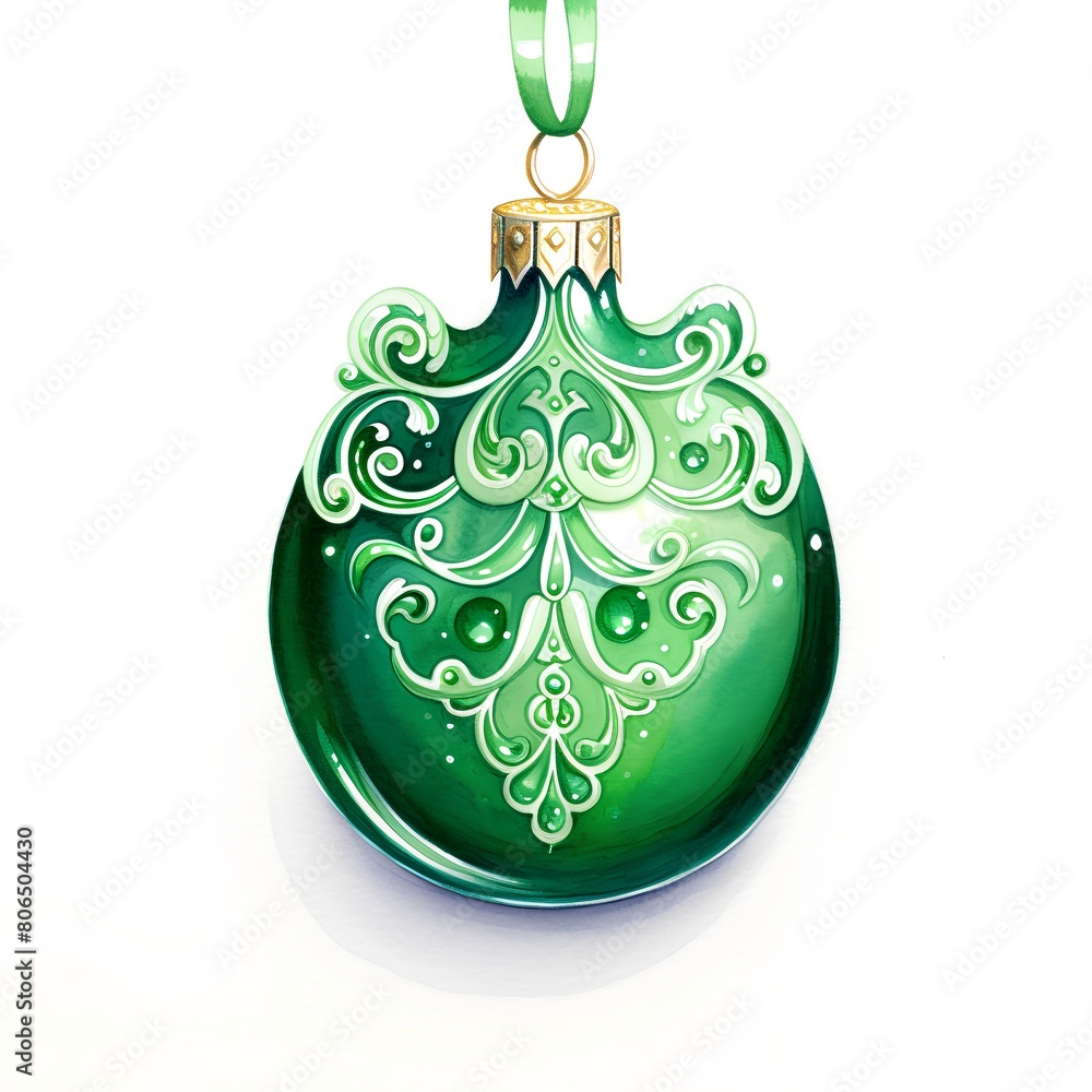Fototapeta premium Green glass Christmas ball isolated on white background. Watercolor illustration.