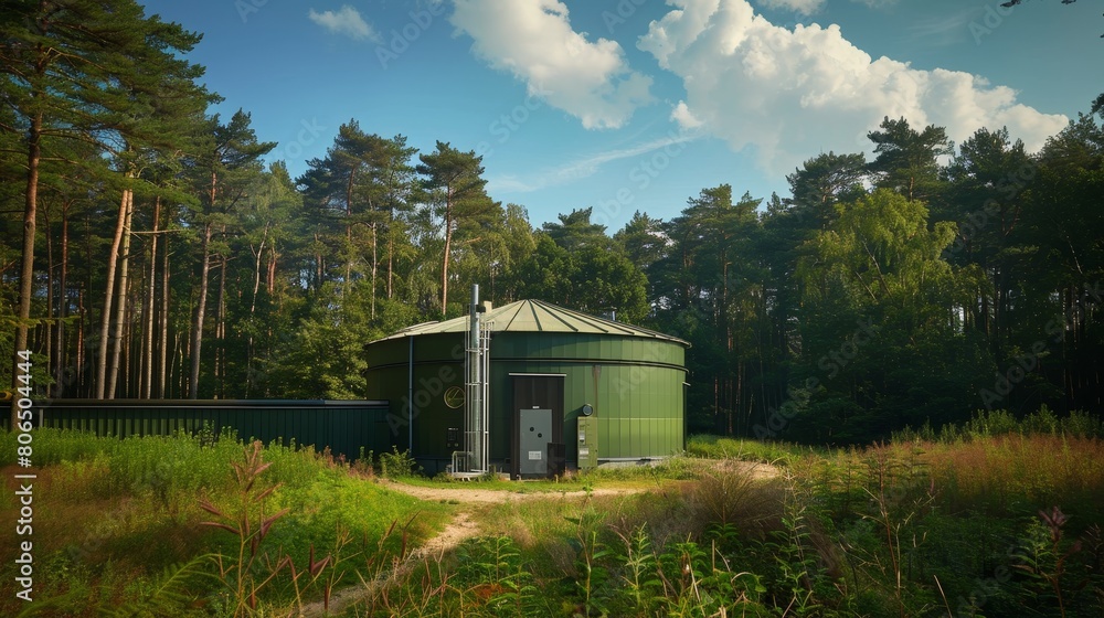 Eco-friendly energy production at a biogas plant located in a forest, focusing on the conversion of biomass into electrical power