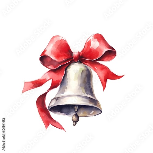 Hand drawn watercolor Christmas bell with red bow isolated on white background