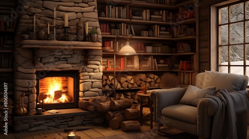 A cozy fireplace nook with built-in shelves, a comfy armchair, and a stack of firewood