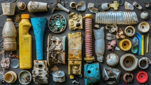 Detailed view of various used and weathered plastic parts, illustrating the severity of plastic pollution in natural settings