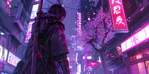 A ninja standing in the streets of neo Tokyo