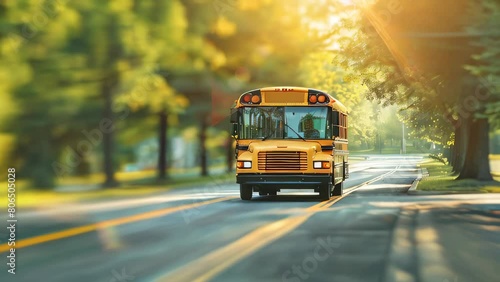 School bus driving down sunlit suburban road photo