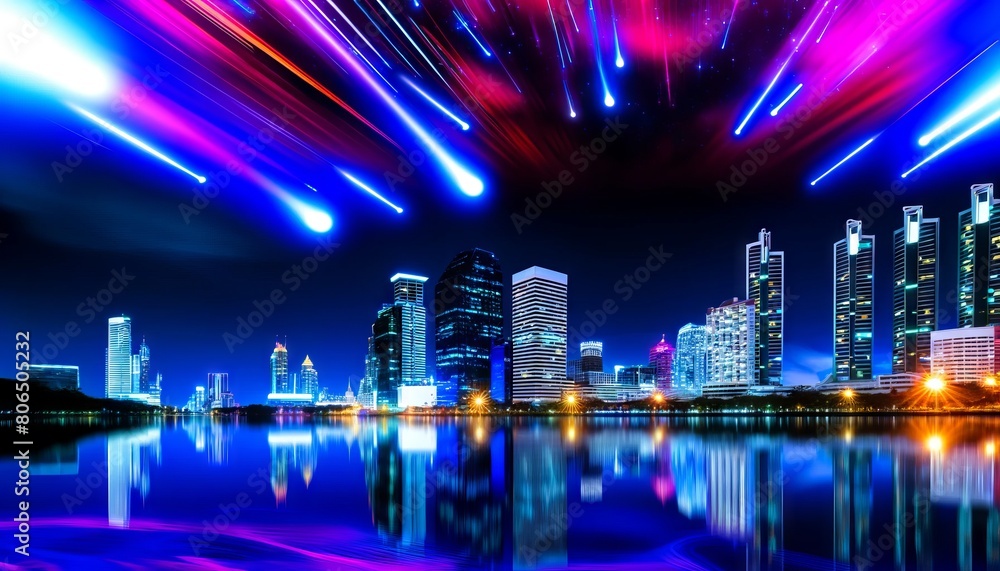 Futuristic cityscape with blue and red beams Futuristic cityscape with blue and red beams