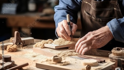 Craftsman smoothing a wooden toy surface with sandpaper, tools and wood shavings all around, hands close up