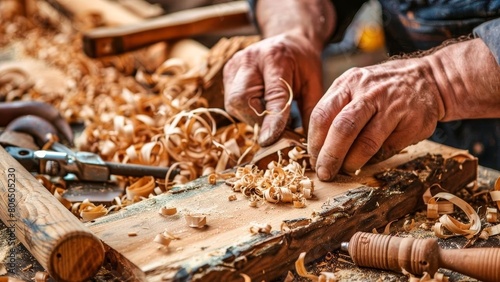 Craftsman smoothing a wooden toy surface with sandpaper, tools and wood shavings all around, hands close up photo
