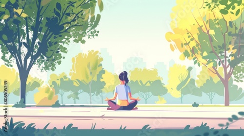 A woman reclining on the ground in the middle of a public park, engaging in morning meditation. illustratin style.